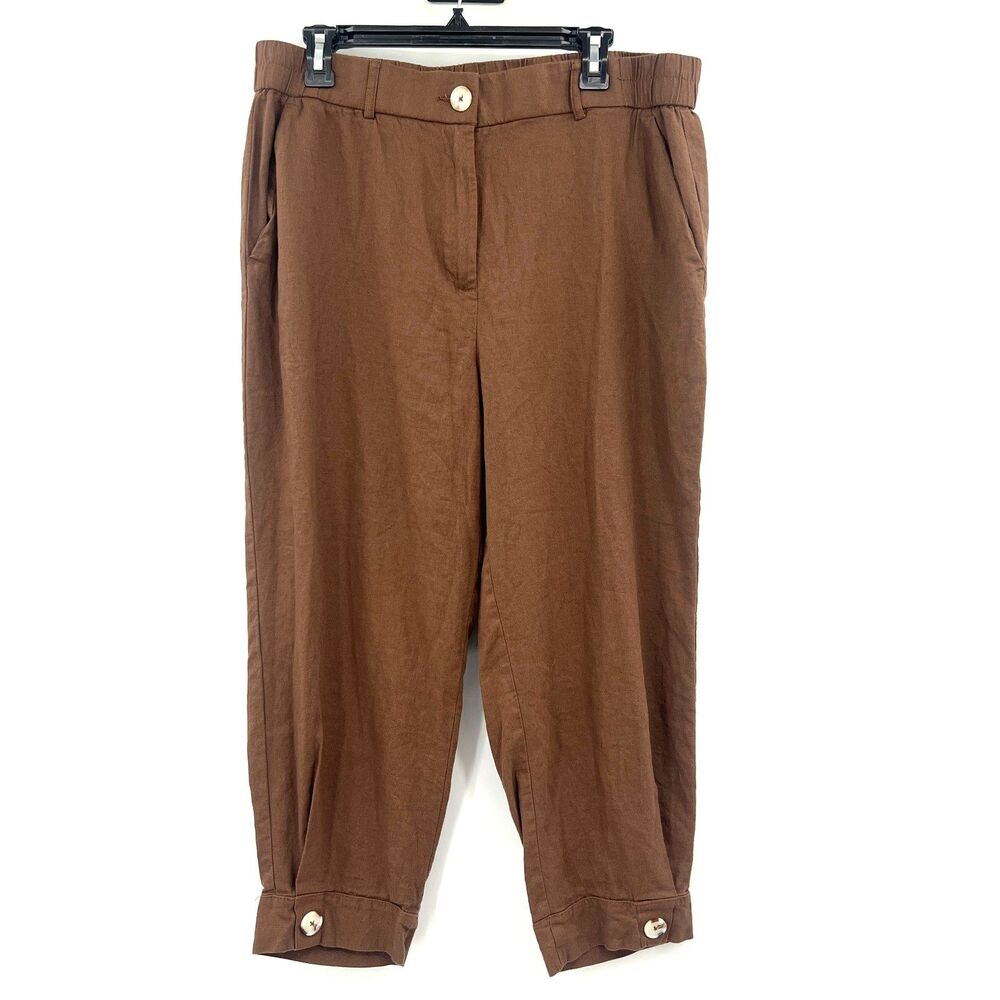 Jules Leopold Casual Brown Linen Blend Cropped Capri Pants Button Cuff L